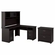 Money Back Guarantee Bush Furniture Cabot 60W L Shaped Computer Desk with Hutch and Lateral File Cabinet in Espresso Oak | OfficeSupply.com