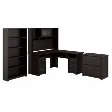 Bush Furniture Cabot L Shaped Desk with Hutch, Lateral File Cabinet and 5 Shelf Bookcase in Espresso Oak | OfficeSupply.com Professional Grade
