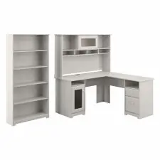 Bush Furniture Cabot 60W L Shaped Computer Desk with Hutch and 5 Shelf Bookcase in Linen White Oak | OfficeSupply.com Affordable