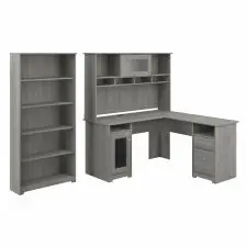 Bush Furniture Cabot 60W L Shaped Computer Desk with Hutch and 5 Shelf Bookcase in Modern Gray | OfficeSupply.com Weekend Sale