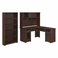 Bush Furniture Cabot 60W L Shaped Computer Desk with Hutch and 5 Shelf Bookcase in Modern Walnut | OfficeSupply.com Limited Time
